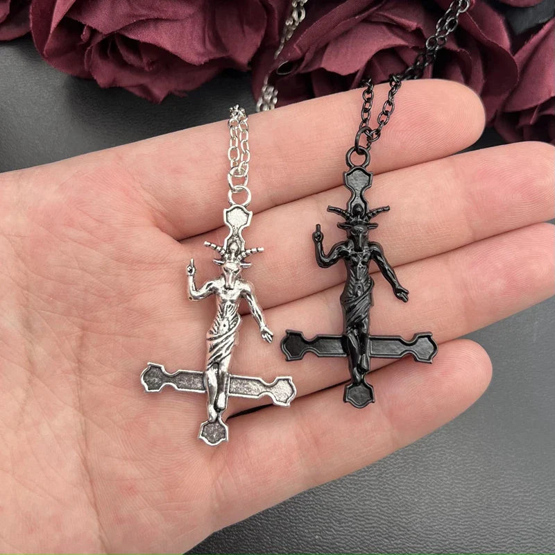 Goth Satanic Baphomet Inverted Cross Pendant Necklace