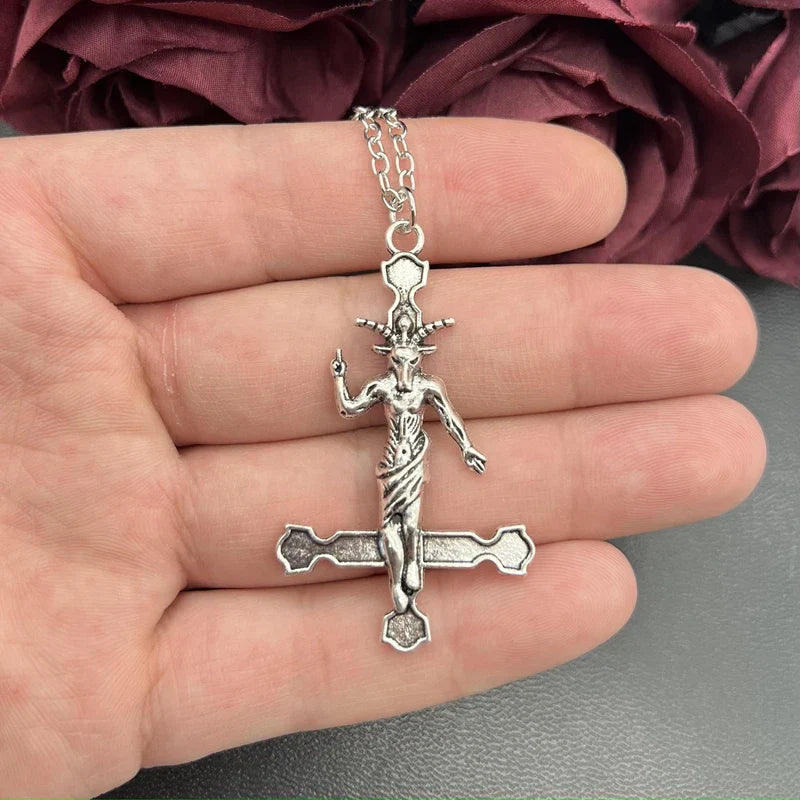 Goth Satanic Baphomet Inverted Cross Pendant Necklace