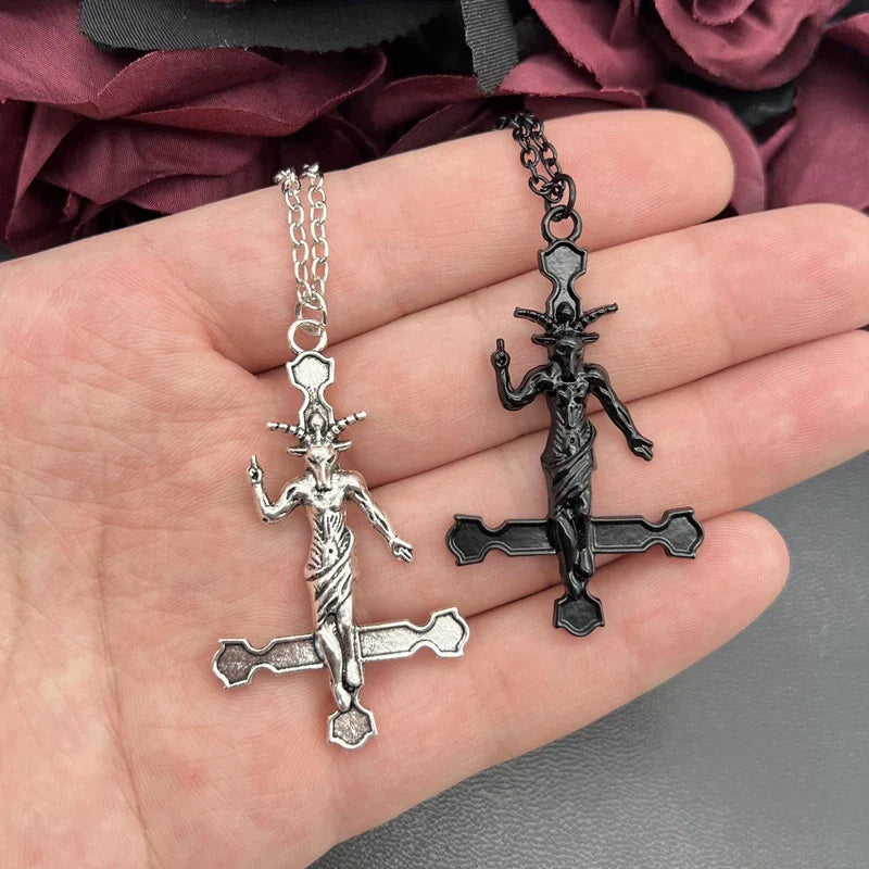 Goth Satanic Baphomet Inverted Cross Pendant Necklace