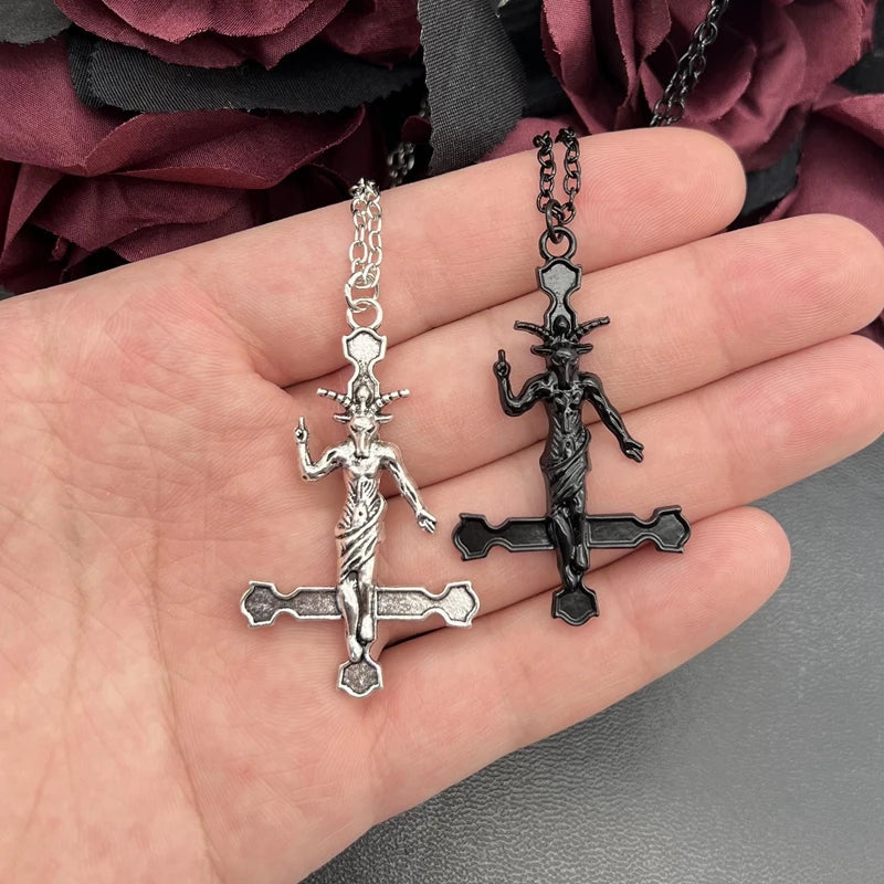 Goth Satanic Baphomet Inverted Cross Pendant Necklace