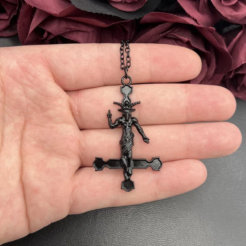 Goth Satanic Baphomet Inverted Cross Pendant Necklace